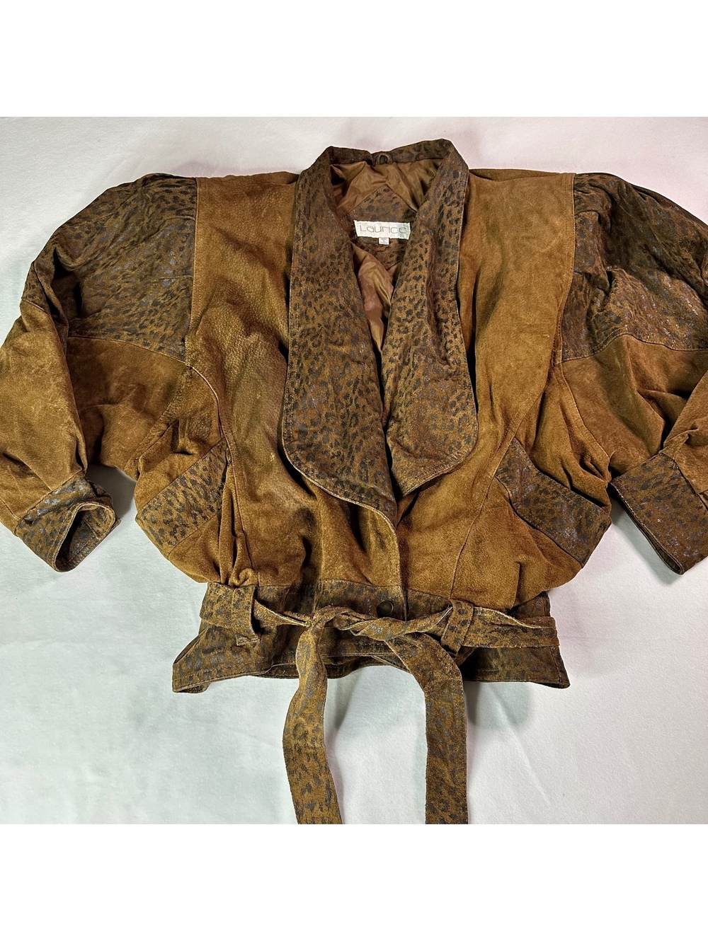 Vintage LAURICE 80s Suede Leopard Print Batwing Bomber Jacket Belted M
